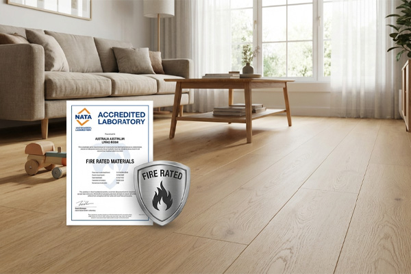 A NATA accredited fire test report for hybrid flooring on a modern living room floor