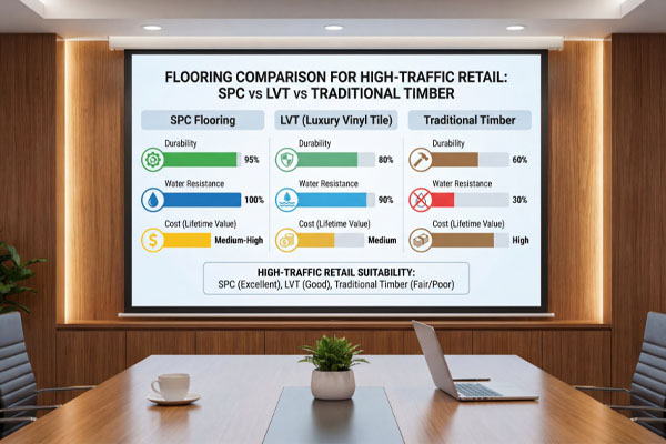 A professional flooring comparison infographic showing that SPC flooring has 95% durability and 100% water resistance compared to traditional timber