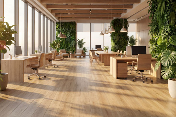 Biophilic office interior featuring realistic wood-grain flooring