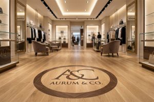 Luxury retail interior with a large circular brand logo inlayed into a light wood-look LVT floor