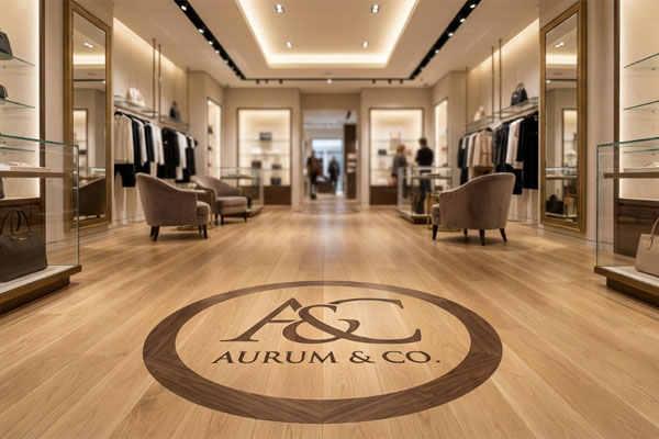Luxury retail interior with a large circular brand logo inlayed into a light wood-look LVT floor