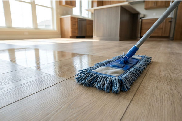A person using a specialized microfiber mop on a modern, wood-textured SPC floor in a bright, sunlit kitchen.